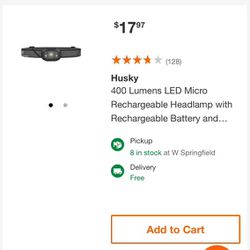 Husky 400 Lumens LED Micro Rechargeable Headlamp with Rechargeable Battery
