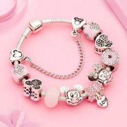 Brand New Mickey/Minnie Mouse Charm Bangle Silver/Pink Bracelet