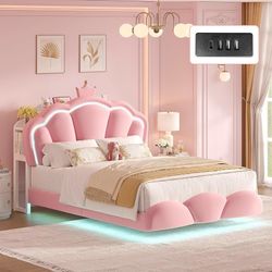 Queen Princess Floating Storage Bed with Crown-Shaped Bookcase Headboard Velvet Upholstery, Cloud-Shaped Footboard, Side Headboard Storage, Built-In C