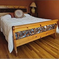 Vintage Queen  Size Knotty Pine +Maple Leaf Metal Bed Frame & Matching Dresser 