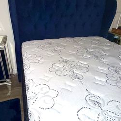 Queen bed frame and mattress set - blue velvet color
