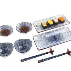 Artcome 10 Pcs Japanese Style Ceramic Sushi Plate Dinnerware Set for Wedding Housewarming - 2 Sushi Plates, 2 Sauce Dishes, 2 Snack Bowl, 2 Pairs of C