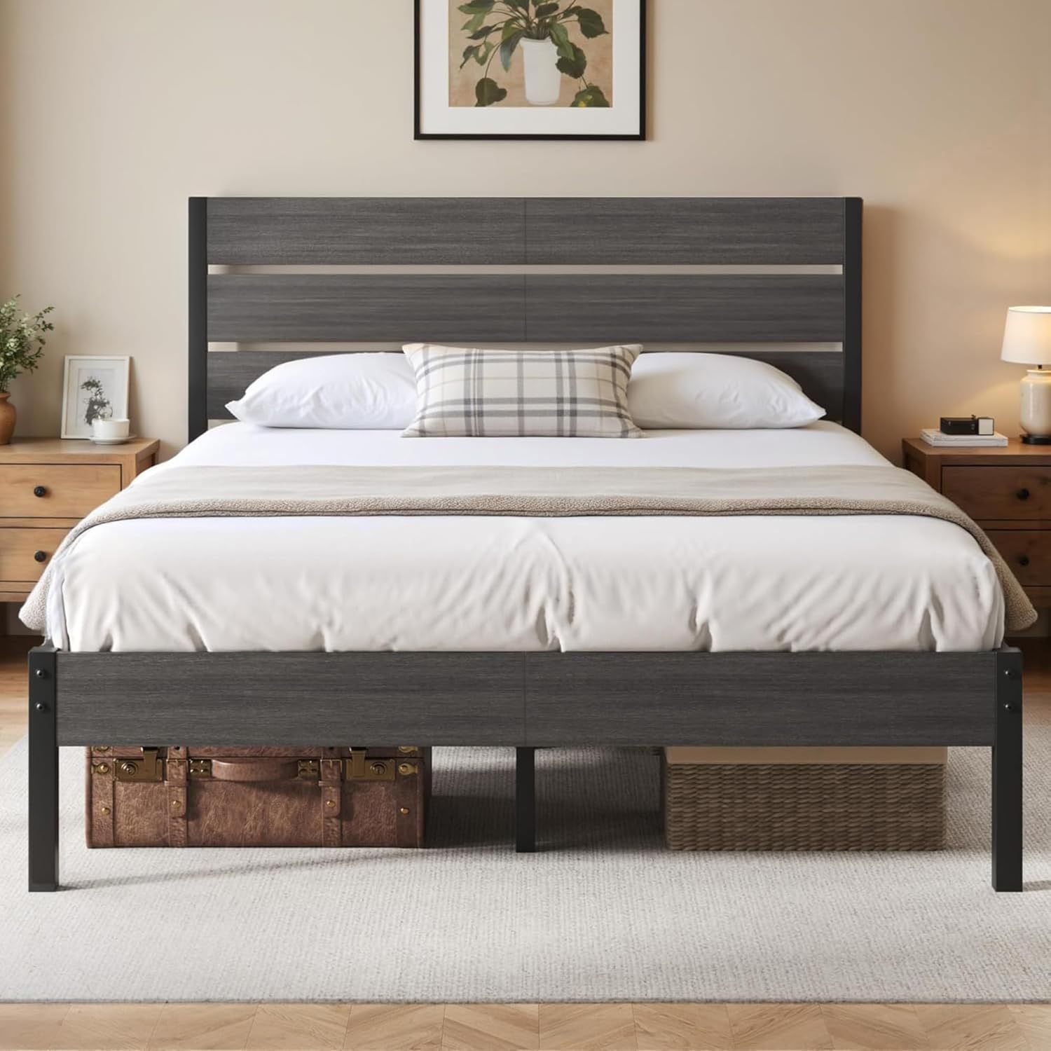 New Queen Bed Base with Vintage Rustic Wood Headboard and Footboard, Mattress Foundation, Strong Metal Slat Support, No Box Spring Needed New in box