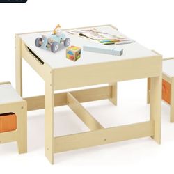 Olakids Kids Table and Chair Set, 3 in 1 Wood Children Desk Set with Removable Blackboard, Storage Drawers, Toddlers Activity Table Furniture for Art 