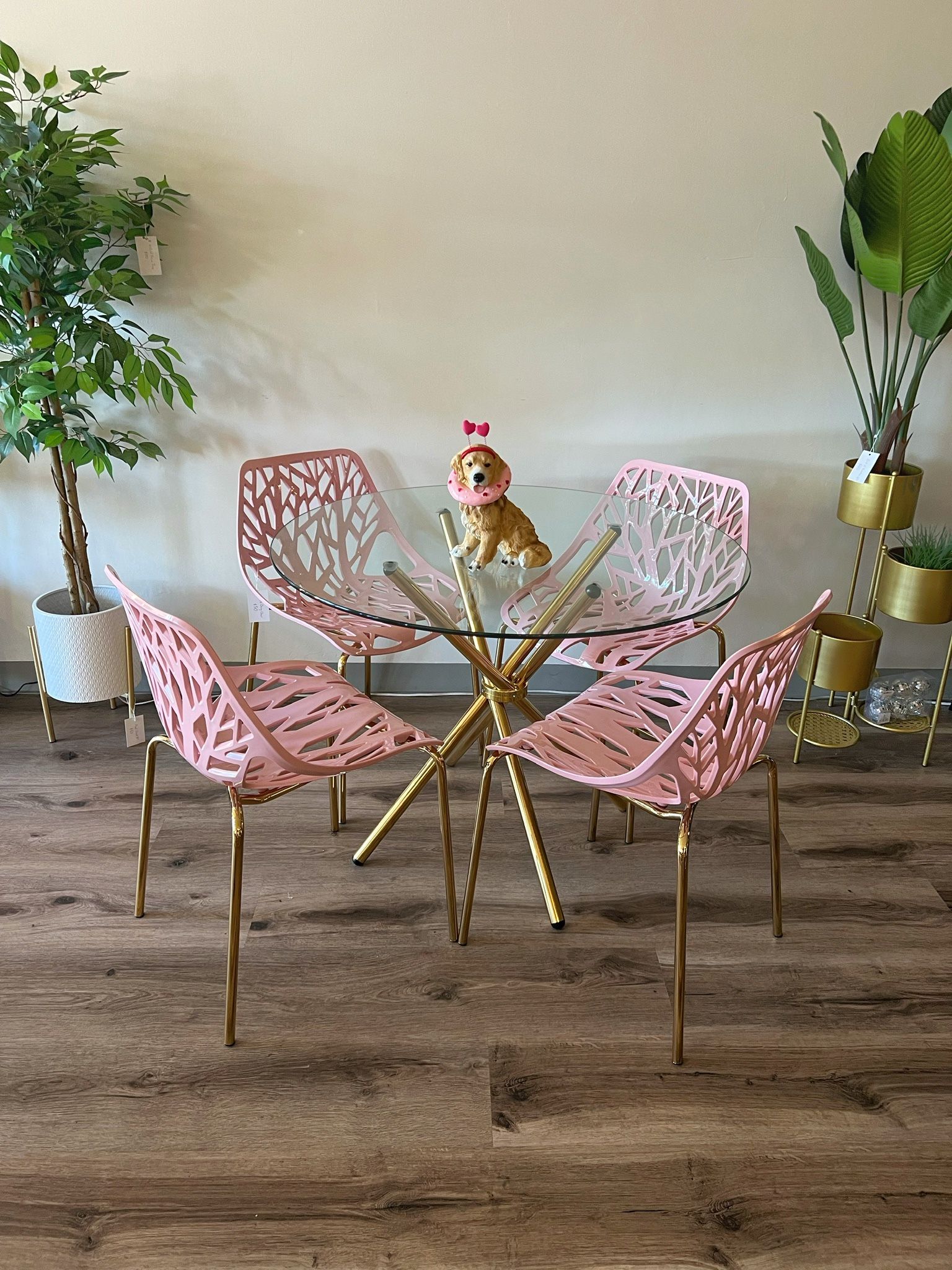 Pink Gold Round Dining Table Set For 4 People