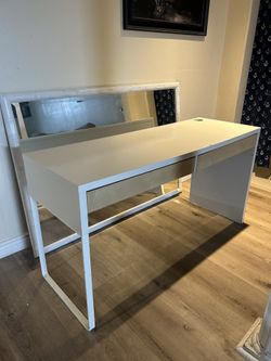 White IKEA Desk with Double Drawers and Hole For Wires