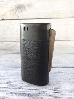 Vintage Large Heavy Brown Leather Bound Brass Table Lighter