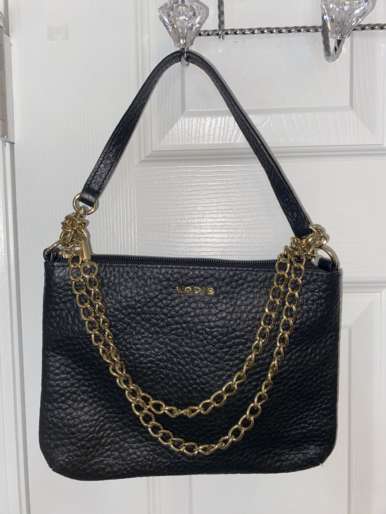 LODIS Black Leather Shoulder Bag w/ Gold Chain Accent