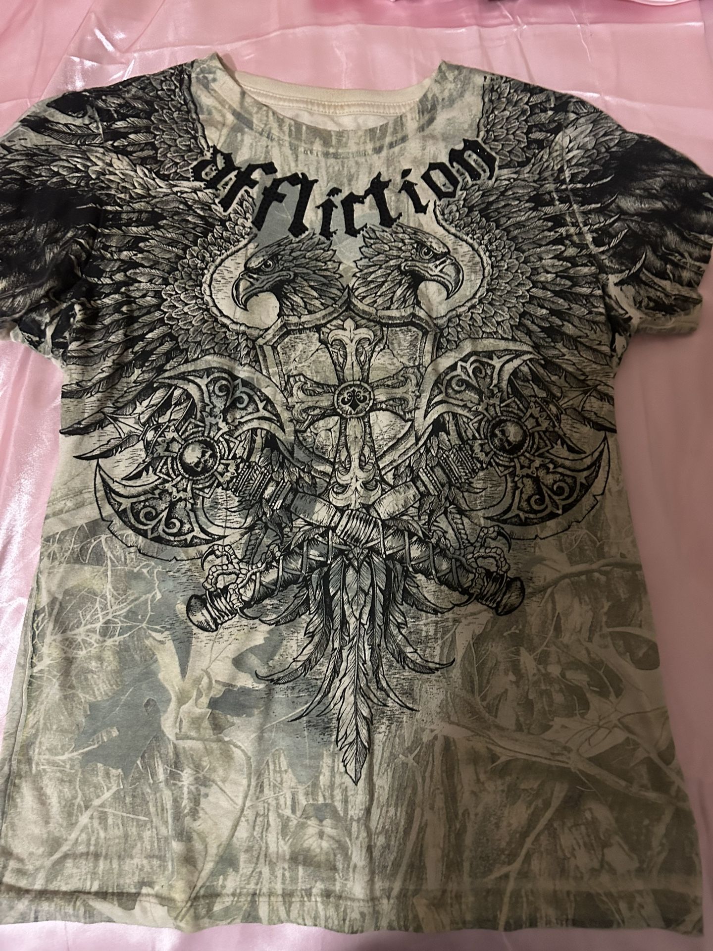 REAL Affliction, Black And Green Camo Rhinestone Shirt