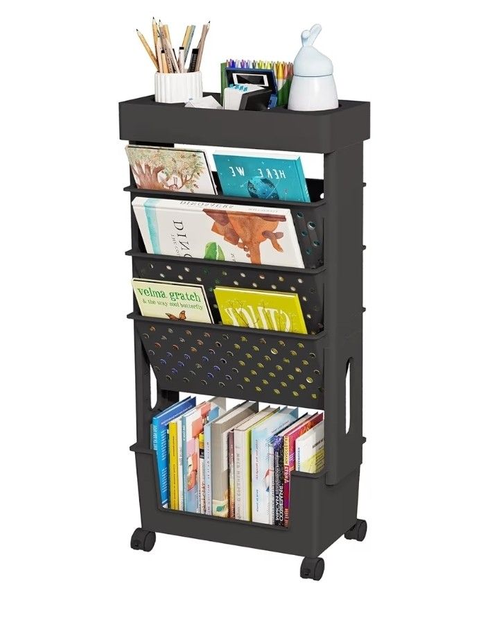 【Multi-tier Organization】 Our organizer book cart has 5 tiers of shelving baskets that provide plenty of storage space for all your necessities. Keep 