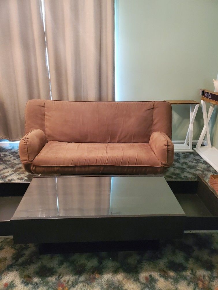 Suede Futon Couch With Coffee Table