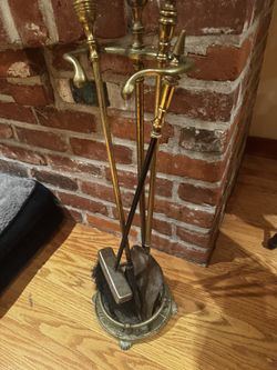 Vintage Brass Fireplace Tool Set w/ Stand – 4 Piece