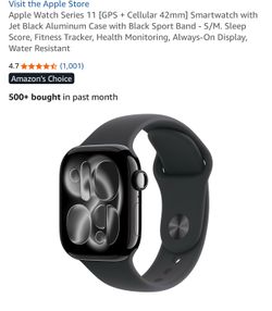 Apple Watch Series 11 [GPS + Cellular 42mm] Smartwatch with Jet Black Aluminum Case with Black Sport Band -S/M