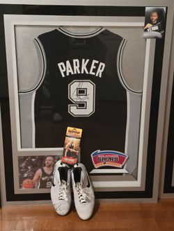 San Antonio Spurs Tony Parker Autographed Framed Jersey And Autographed Shoes.