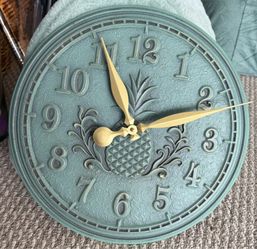 Teal green metal pineapple clock with Gold finishes