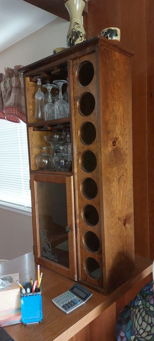 Vintage Wood Wine Rack With Wine Glasses 