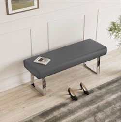 JIEXI 55" Upholstered Bedroom End Kitchen Bench with Sturdy color: Grey. With Chrome Legs  PU Leather Padded Seat, Sturdy Thick Metal Legs, Space Effi