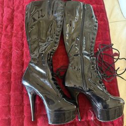 Pleaser Lace Up Black Pleather Boots 
