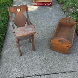 Vintage Wooden Doll Cradle And Doll Highchair