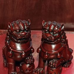 Vintage Chinese Rosewood Foo Dog Statues Guardian Lions