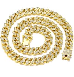 Mens Cuban Link Chain Miami Cuban Necklace 18K Platinum Plated Gold + Full Diamond Cut Chain for Men(W13mm L20-24inches) Iced Out Hip Hop Jewelry