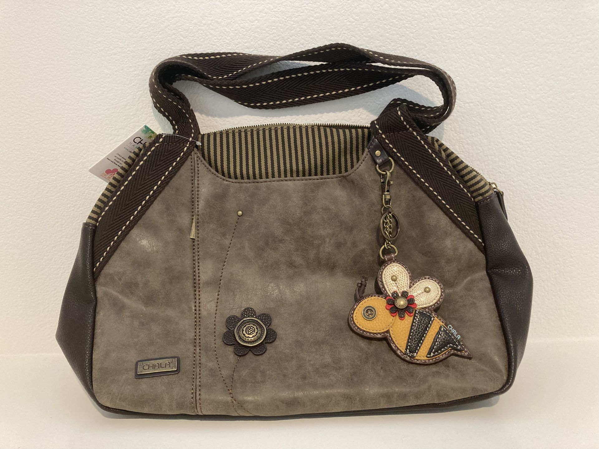 NWT Chala Bowling Zip Tote Shoulder Large Bag Stone Gray; Bee Coin Purse
