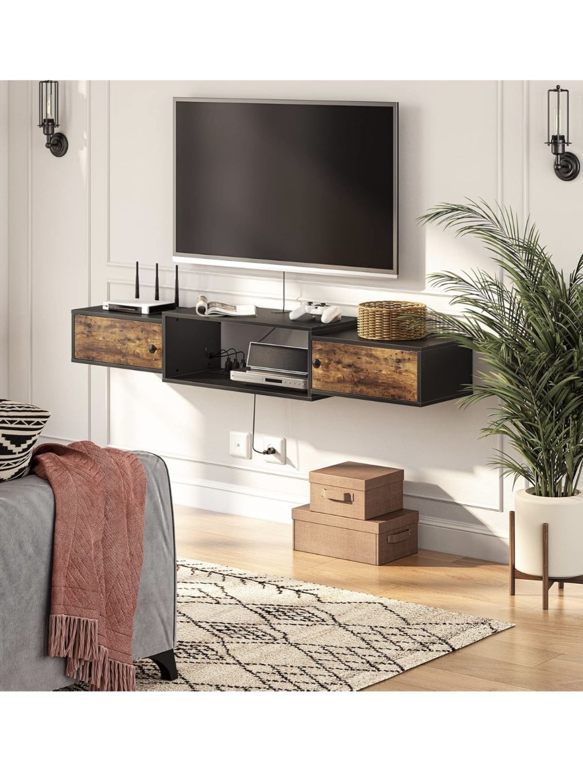 Floating TV Stand Shelf / Rustic Brown And Black