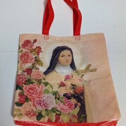 Tote Religious Our Lady Of Fatima Mother Mary Floral Vinyl Bag With Red Handles