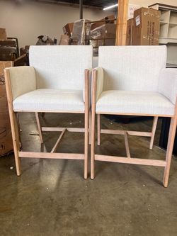 Christopher Knight Home Beige Linen 24 Inch Seat Height Upholstered Counter Stools with Arms in Natural Finish Set of 2