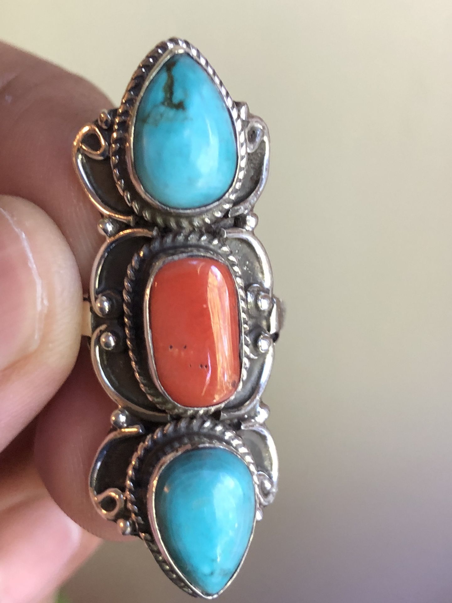 Turquoise Coral And Sterling Ring Size 7.25
