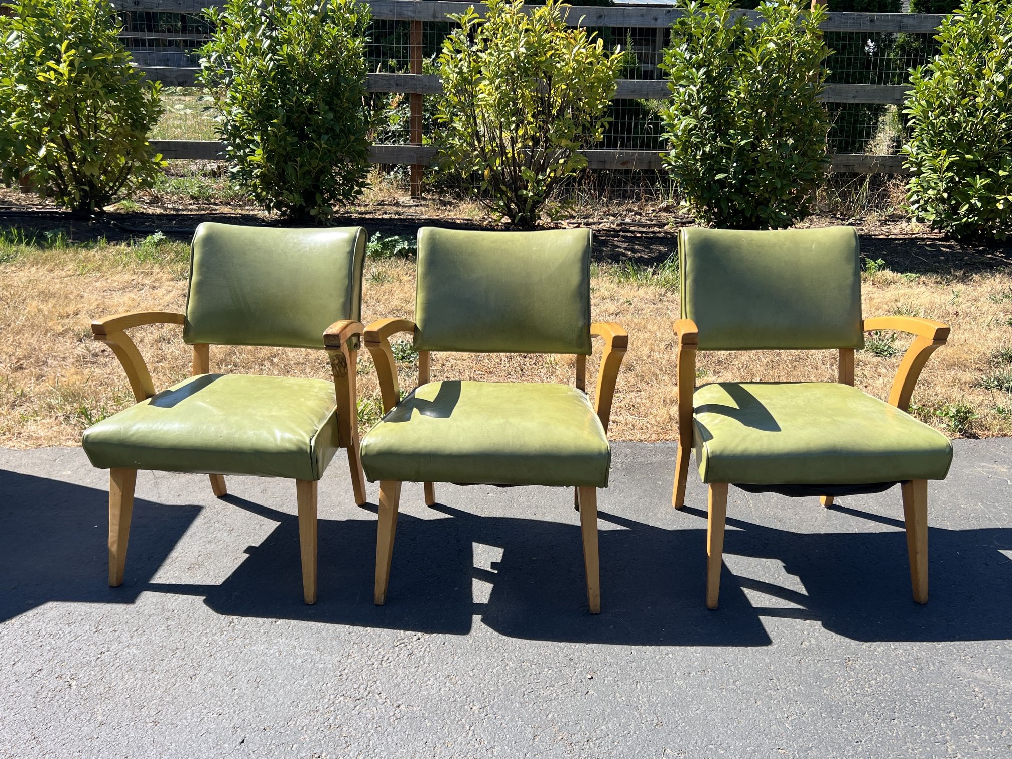 Set Of 3 - Vintage Green Leather Chairs 