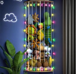 Corner Stuffed Animals Storage with Light Adjustable Wood Stuffed Animal Holder with Star Pattern Wall Plush Toy Storage for Boys&Girls Bedroom Decor 