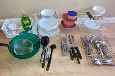 Kitchen utensils Corelle plates bowls forks knives racks items shelving supplies