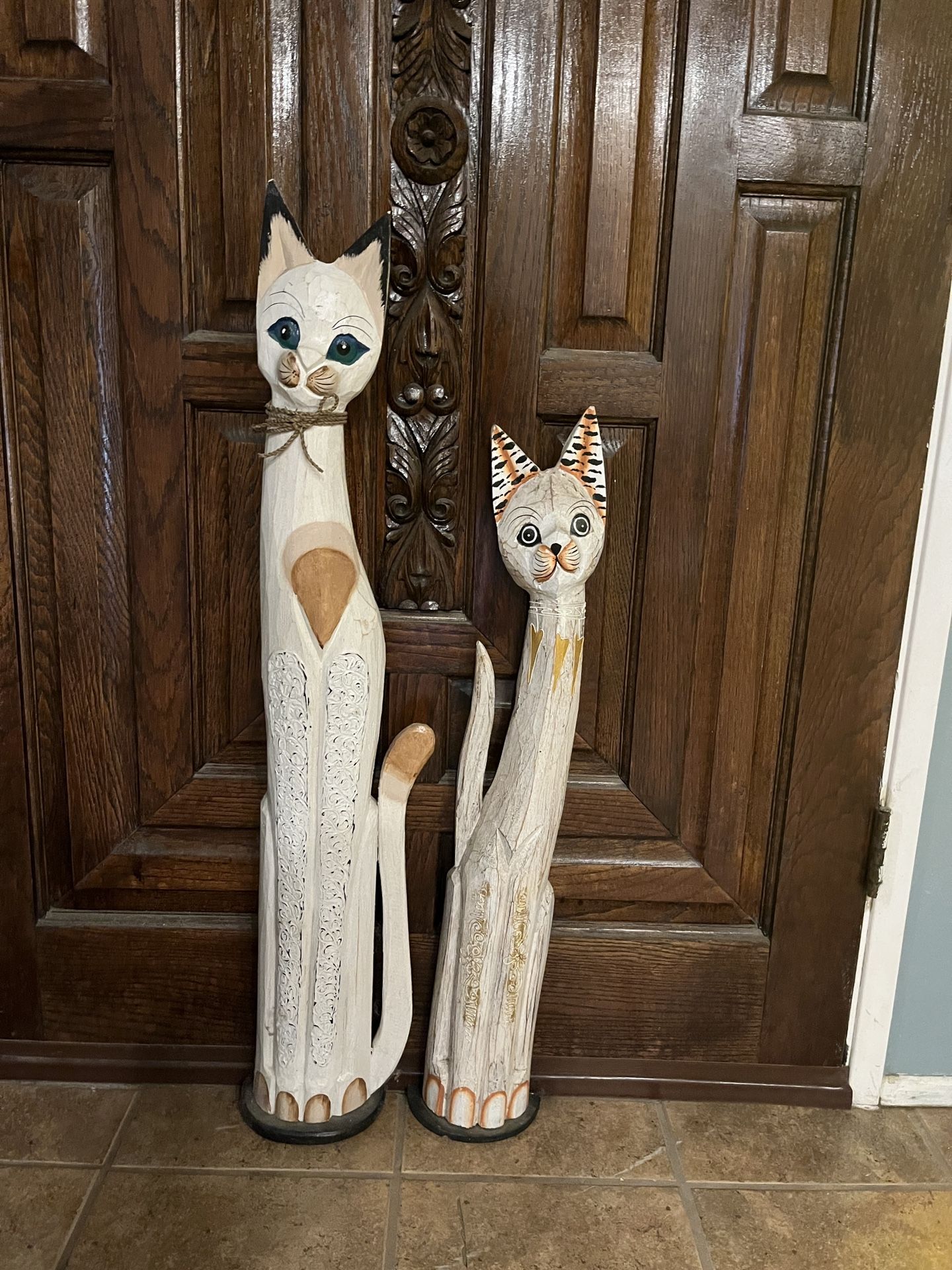 Cat Statues Wood Carved Set Of 2