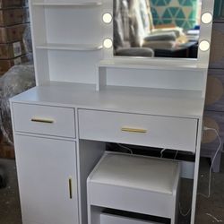 New Vanity Desk for Makeup with Lights Mirror, Shelves, Drawers and Cushion Stool