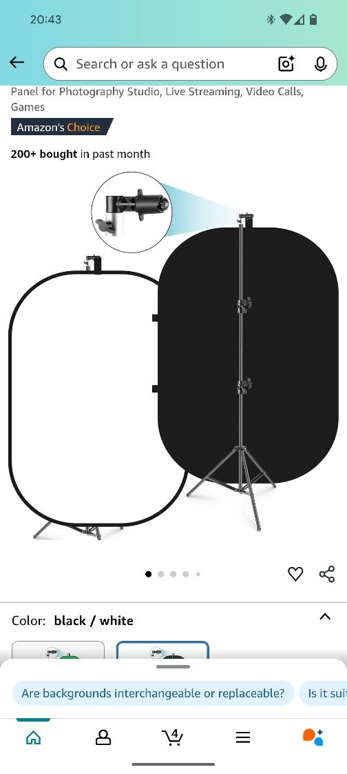 Neewer 5x7ft. Chroma Key Foldable Backdrop With Stand 8.5ft 2 In 1 Reversible Black/White