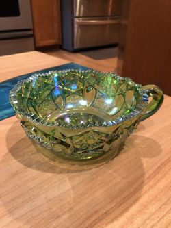 Vintage Green Iridescent Handled Dish