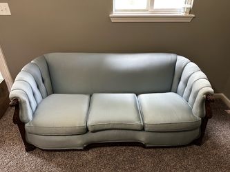 Vintage 1940s Light Blue Curved Sofa with Carved Wood Trim