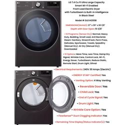 LG 27" 7.4 Cu Ft Smar Wi-Fi Enabled Front Load Electric Dryer W/ TurboSteam in Black Steel, 240V