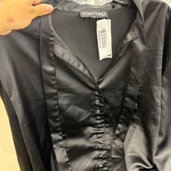 Tom Ford Black Satin V-Neck Long Sleeve Blouse