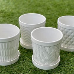 4 New Planting Pots White In Geometric Designs  5”D x 5.25”H x 