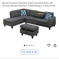 Devion Furniture Polyester Fabric Sectional Sofa with Lift-top Storage Ottoman, Tufted Design, in Gray Finish