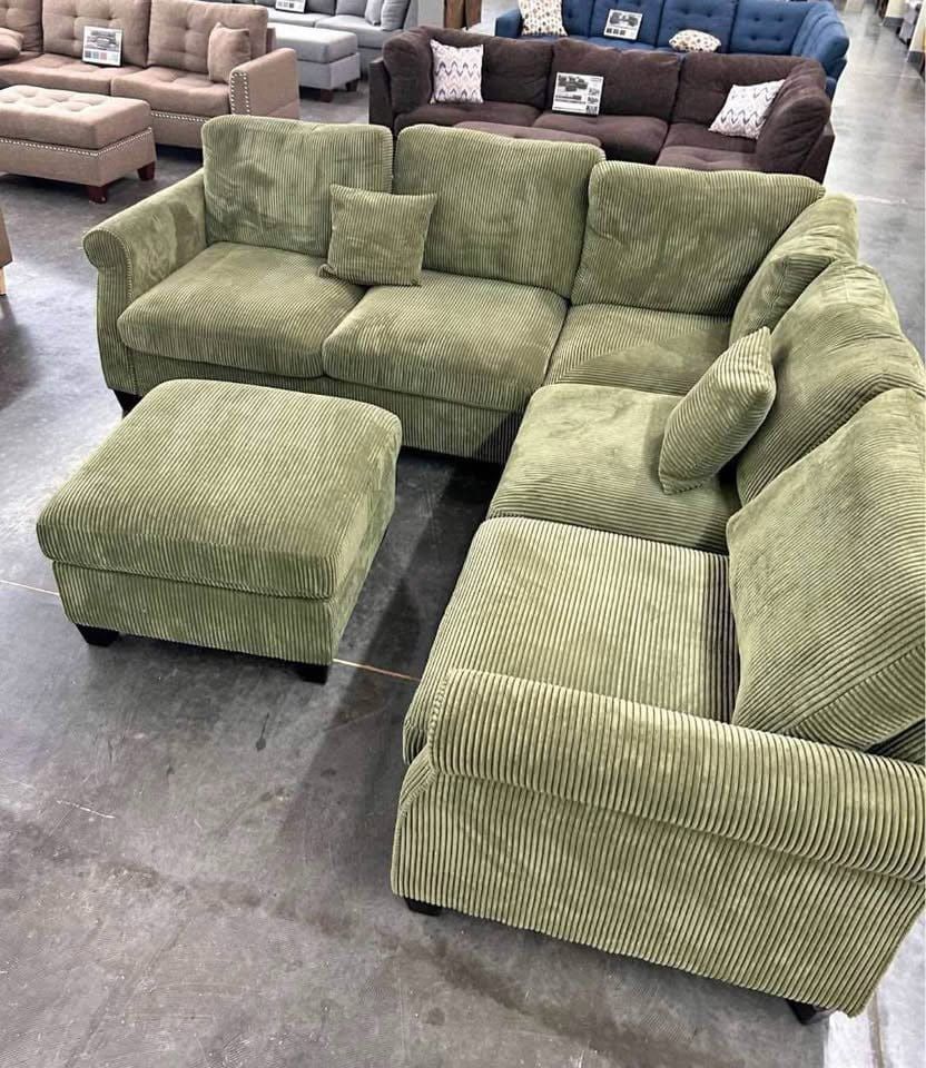 New 99x99 Sage Corduroy Sectional Couch / Free Delivery