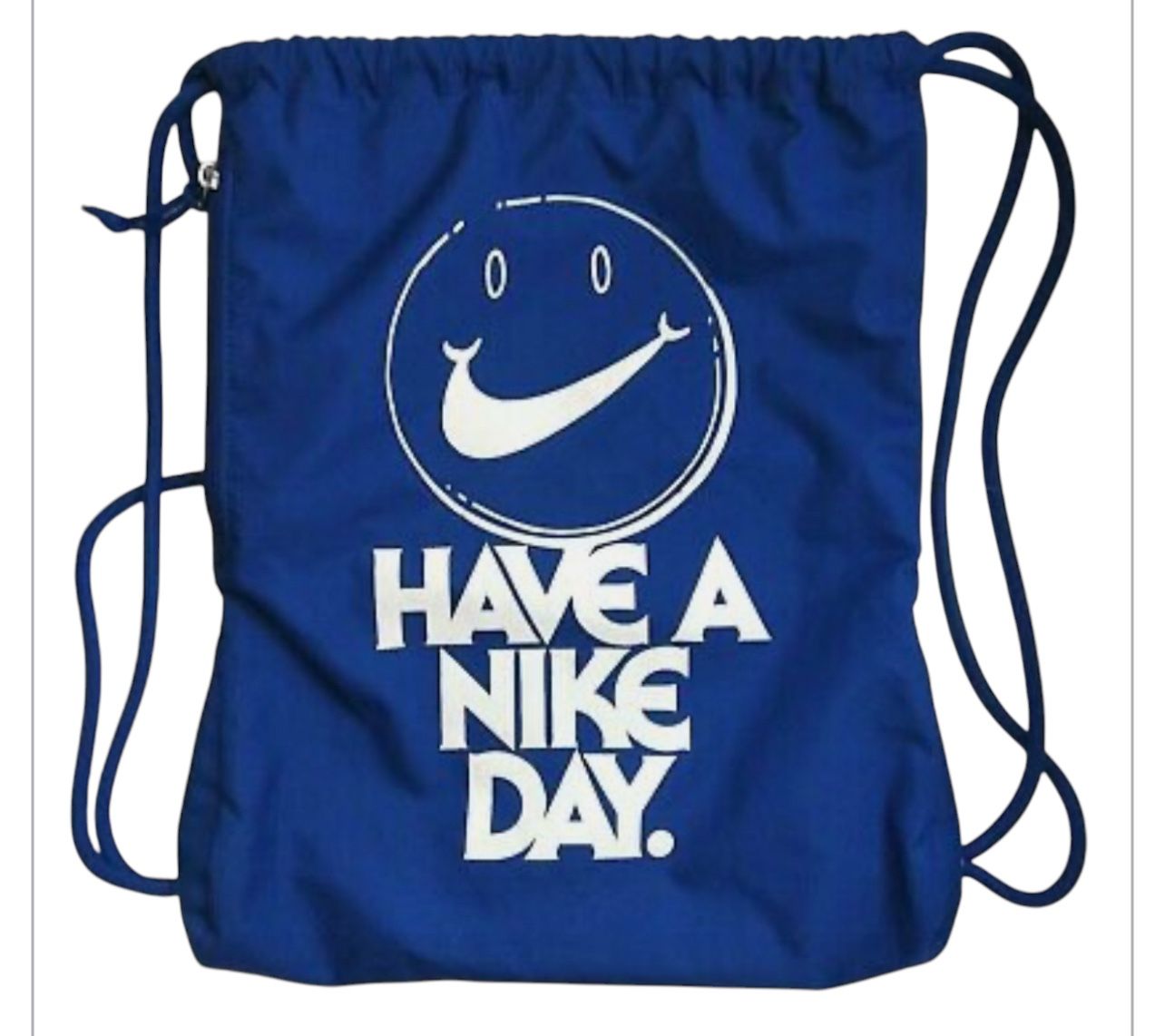 Nike Gym Sack Drawstring Bag Backpack Zipped Pocket Blue Happy Face Swoosh