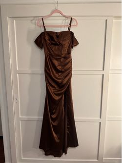 Brown Satin Formal Dress Off-Shoulder Slit Lace-Up Back Gown