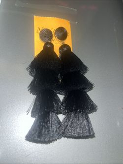 Baublebar Pierced Earrings Gabriela 4" Black Tiered Tassel Fringe Boho Dangles