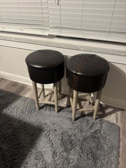 2- Stool Wooden Legs Top Leather stitching top