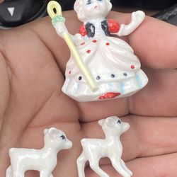 Little Bo Peep & Sheep Miniature Figurine 2” Bone China, EUC Vtg Japan