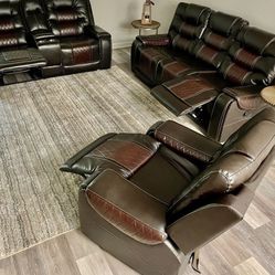 New 3pc Two-tone Brown leather Reclining Sofa Loveseat And Chair