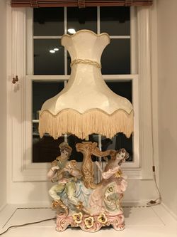 Large 39 “ Capodimonte’ Porcelain Victorian Couple Playing Harp And Mandolin